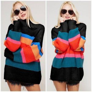 Mock Neck Black Rainbow Striped Oversized Sweater